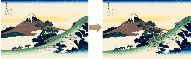 北斎のオリジナルとコラージュ作品の比較